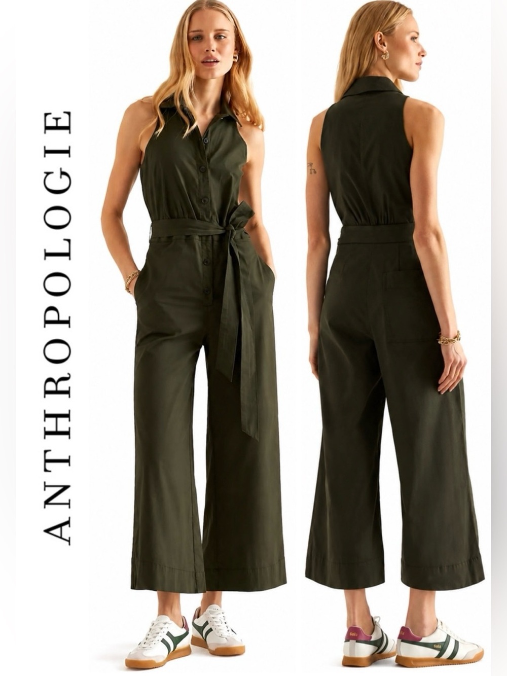 Anthropologie Mauve Cropped Halter Jumpsuit Magic Fabric Edition Green Womens 10